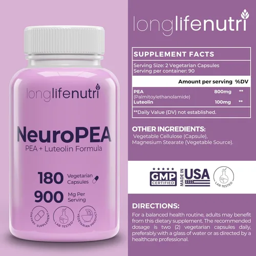 Vista 2 de LongLifeNutri NeuroPEA (Palmitoiletanolamida + luteolina 800 mg/100 mg) - Suplemento orgánico para el rendimiento nervioso, 180 cápsulas