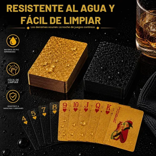Vista 5 de 10 Paquetes de Cartas de Juego - 5 Negras 5 Doradas HD, 54 Cartas de Póquer Estándar de Plástico Impermeable para Fiestas Familiares Negro y dorado
