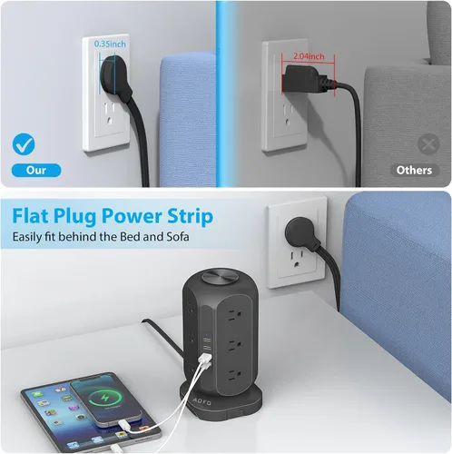 Vista 7 de Torre de tira de alimentación AOFO con protector contra sobretensiones, 12 tomas de CA con estación de carga de 4 USB (1 USB C) con protección