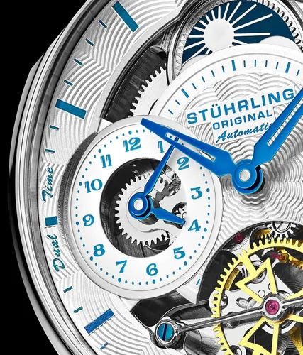 Vista 7 de Stuhrling - Reloj de vestir automático para hombre de acero inoxidable con movimiento mecánico automático de esqueleto, subesfera de hora de duelo e