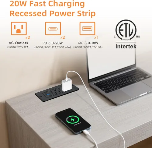 Vista 3 de Regleta de alimentación empotrable, salida de muebles USB-C de 20 W, color negro, 3 pies 2 AC + 3 USB (2 USB-C, 1 USB-A), Flush Mount