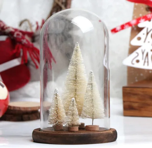 Vista 2 de 8 mini árboles de Navidad artificiales, árboles de cepillo de botella con base de madera, árbol de Navidad artificial de sisal escarchado, mini Beige
