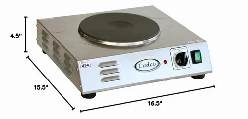 Vista 4 de Cadco LKR-220 Placa Caliente de Superficie de Hierro Fundido Resistente de 220 Voltios, Acero Inoxidable, Para Uso Comercial, 18 libras