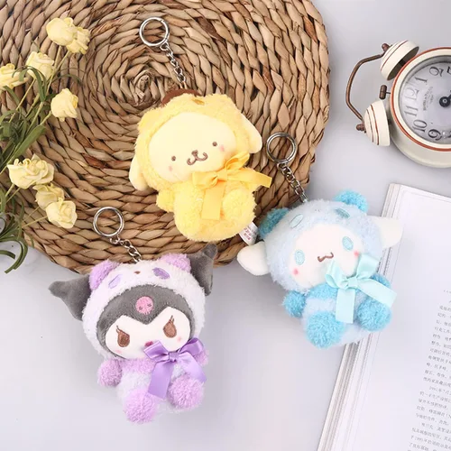 Vista 4 de Lindo llavero de peluche Kuromi Kawaii de peluche de animal de peluche llavero de coche accesorios de regalo para mujeres