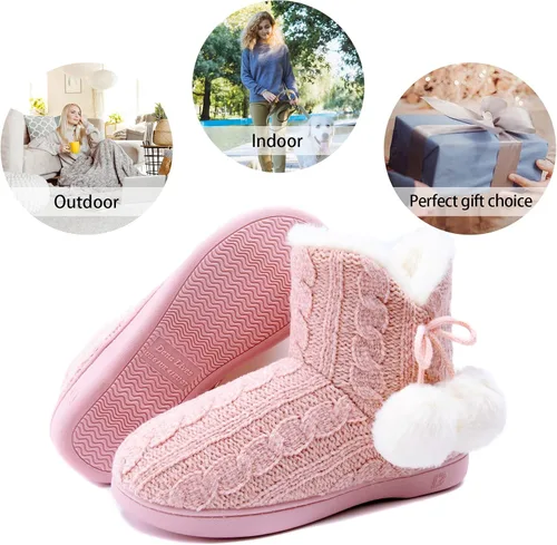 Vista 6 de DL Pantuflas de mujer cálidas para el hogar, esponjosas y lindas para el invierno, cómodas botas de espuma viscoelástica de punto trenzado, botas