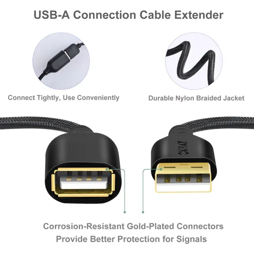 Vista 2 de OKRAY - Cable de extensión USB, paquete de 2 cables de extensión USB 2.0 de nailon trenzado de 6 pies tipo A, macho a hembra, con conector chapado