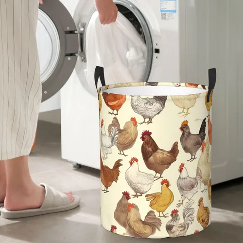 Vista 7 de Cesto circular con estampado de una cría de pollos impermeable, cesta organizadora de almacenamiento con asas para ropa, juguetes, pequeña