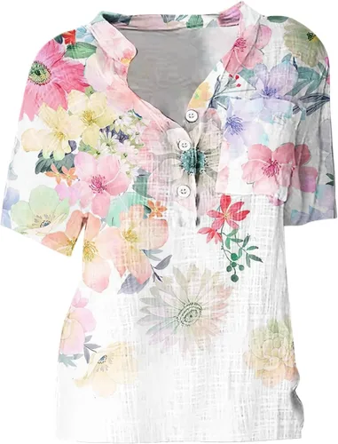 Vista 3 de Blusas de verano para mujer, cuello en V, ajuste holgado, cómodas, de algodón, lino, estampado floral, blusas a la moda 2023