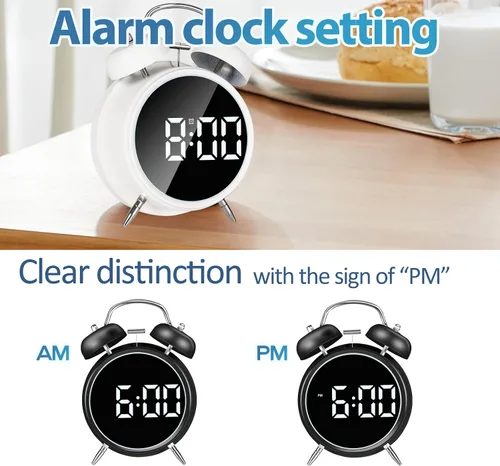 Vista 4 de Reloj despertador extra fuerte para adultos, adolescentes, niños, bonito metal retro, antiguo con campanas gemelas, funciona con pilas o enchufe
