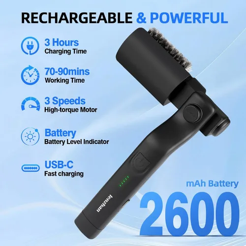 Vista 6 de Cepillo eléctrico inalámbrico para parrilla con ángulo ajustable, motor de potencia de 3 velocidades y cabezal de acero inoxidable, recargable, Negro