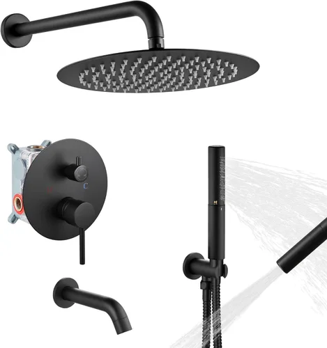 Vista 12 de Airuida Sistema de ducha con boquilla de bañera, cabezal de ducha redondo de 10 pulgadas con 2 funciones, ducha de mano, montaje en pared, juego