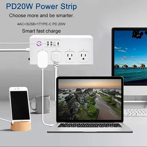 Vista 7 de UseeLink Regleta de alimentación inteligente, USB-C PD 20W, enchufe inteligente, protector de sobretensiones con 4 salidas de CA y 4 puertos USB