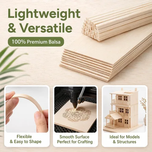 Vista 3 de Kit de manualidades de madera de balsa prémium Barsha Space - 10 hojas sin acabar (10x15cm, 12.7mm) + 140 palos (3mm & 6mm) - Ideal para modelos
