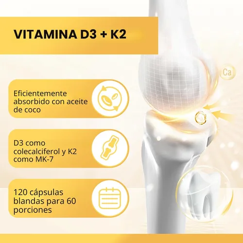 Vista 3 de Suplemento de Vitamina D3 K2 con Vitamina D3 5000 UI, 200 mcg de Vitamina K2 MK-7 y Aceite de Coco Natural, Fórmula 2-1 a Base de Plantas