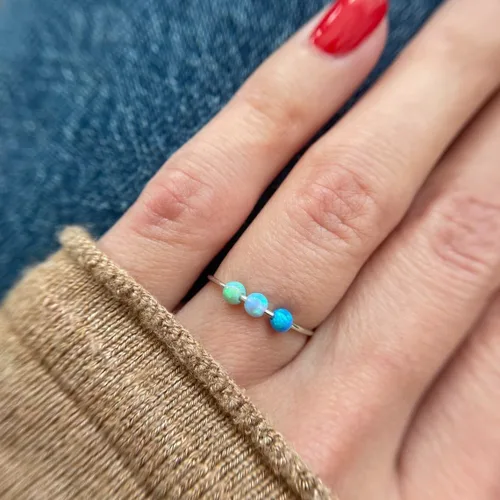 Vista 2 de Anxiety Ring Anti Stress Relief Fidget Worry Ring Adjustable Triple Opal Beads Spinner Ring Sterling Silver
