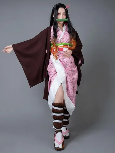 Vista 2 de Cosfun Nezuko Kamado Kimono Completo Disfraz + Pelucas