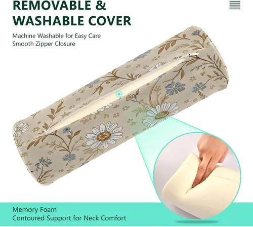Vista 4 de Blue and White Flowers Cervical Roll Pillow, 17" Neck Support Bolster Pillow, Round Pillow for Sleeping Support and Pain Relief, with Removable