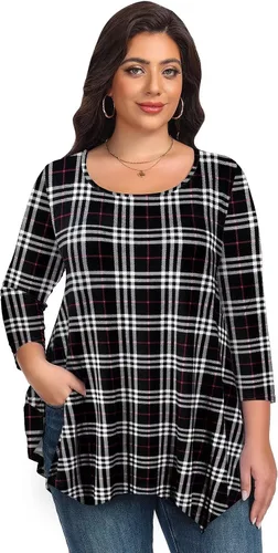 Vista 3 de LARACE - Camisa de talla extragrande para mujer, camisa tipo túnica con manga 3/4, ajuste holgado, ropa básica para mujer 2-negro_cuadros