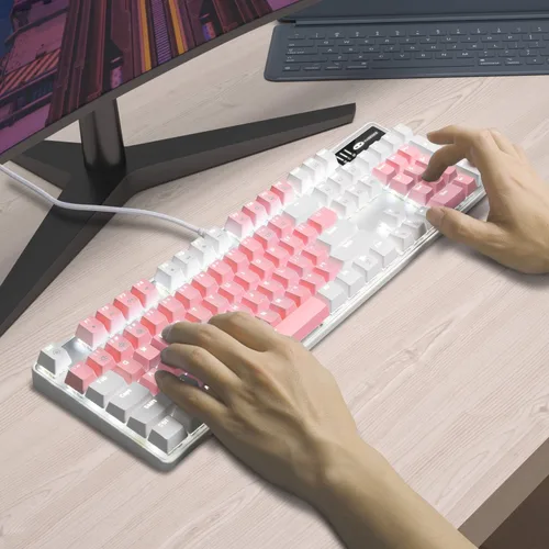 Vista 7 de MageGee Teclado mecánico para juegos, interruptor azul mejorado de 104 teclas, teclado retroiluminado blanco, teclado mecánico con cable USB