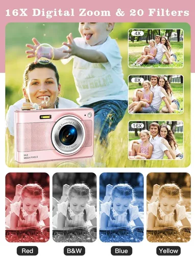 Vista 3 de Cámara digital actualizada, cámara FHD 1080P de 56 MP para niños con zoom de 16 x antivibraciones, cámara para niños con tarjeta TF de 32 GB, dos