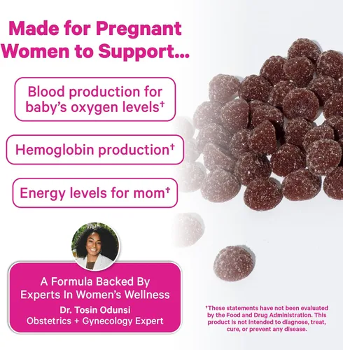 Vista 3 de Gomitas de suplemento prenatal de hierro para mujer, 20 mg, 60 unidades de Pink Stork Con vitamina C para absorción, sabor a uva, alivia