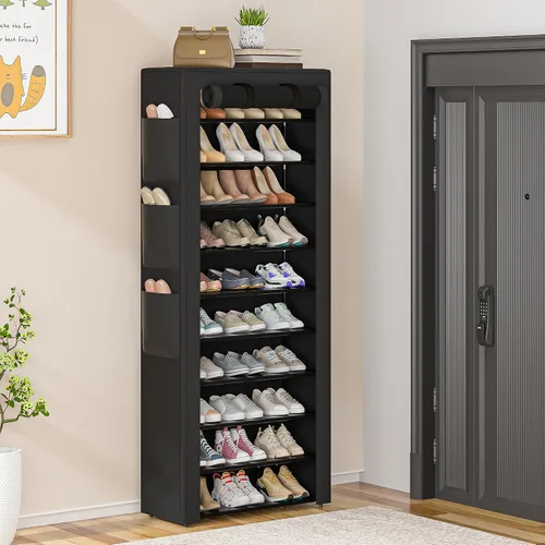 Vista 2 de OYREL Zapatero grande, negro, 6 bolsillos laterales, 23.6 pulgadas de ancho x 11.4 pulgadas de profundidad x 68.9 pulgadas de alto, 36-41 pares