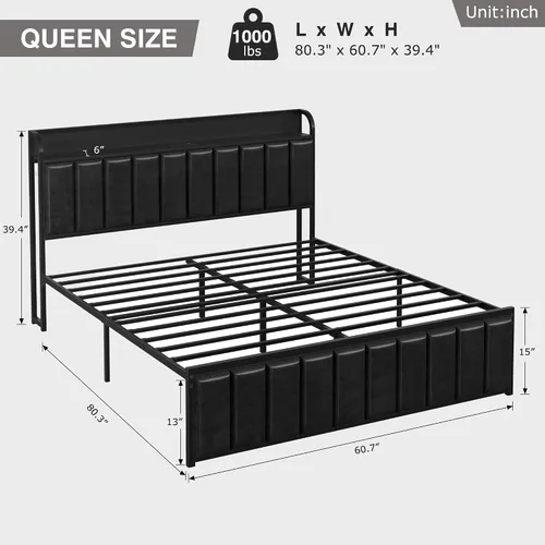 Vista 2 de VECELO Queen Bed Frame, Storage Upholstered Headboard with Charging Station, Platform Bedframe, Heavy Duty Metal Slats, No Box Spring Needed