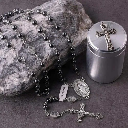 Vista 6 de HanlinCC Collar con cuentas de piedra negra de hematita de 0.236in con rosario milagroso con caja de regalo de metal de cruz para hombres y mujeres