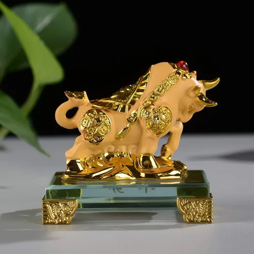 Vista 5 de BRASSTAR Estatua de Toro Feng Shui de resina esmerilada con base de vidrio Zodiaco chino Decoración de mesa de oficina en casa Figura de regalo