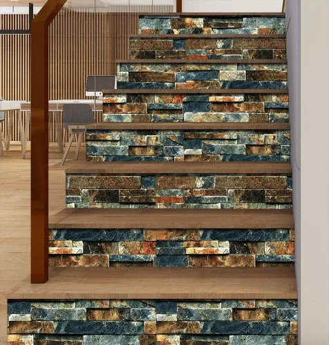 Vista 4 de Papel tapiz de ladrillo sintético para despegar y pegar, azul/rojo óxido, impermeable y extraíble, papel de contacto autoadhesivo para decoración
