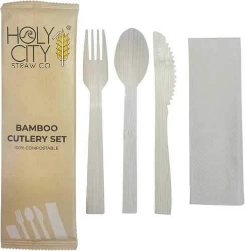 Vista 6 de Juego de cubiertos desechables de bambú envueltos 100 paquetes 1 cuchillo, 1 tenedor, 1 cuchara y 1 servilleta Kraft Utensilios biodegradables