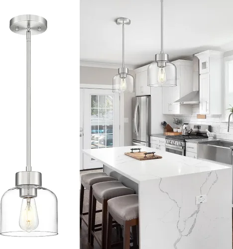 Vista 10 de Luces Colgantes Negras para Isla de Cocina, Accesorios de Luces Colgantes de 7" con Pantalla de Vidrio Transparente, Iluminación Colgante Moderna