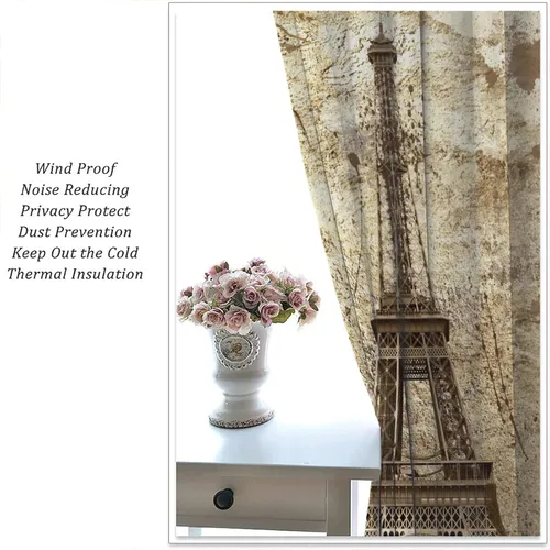 Vista 5 de Cortinas de la Torre Eiffel con letras de París y famosos monumentos en la pared desgastada para dormitorio, sala de estar, cortinas decorativas, 2