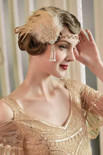 Vista 4 de BABEYOND Art Deco Flapper de los años 20 inspirado en el Gran Gatsby, medallón de hojas, perlas, pluma dorada y champán