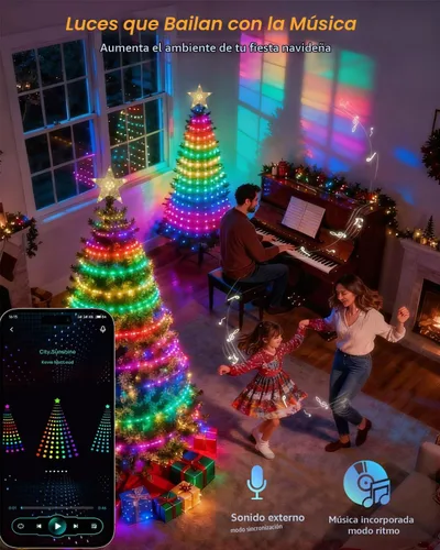 Vista 5 de luces inteligentes para árbol de Navidad, espectáculo de luces LED de cambio de color DIY, 6 pies, más de 200 escenas, cascada de luces de árbol