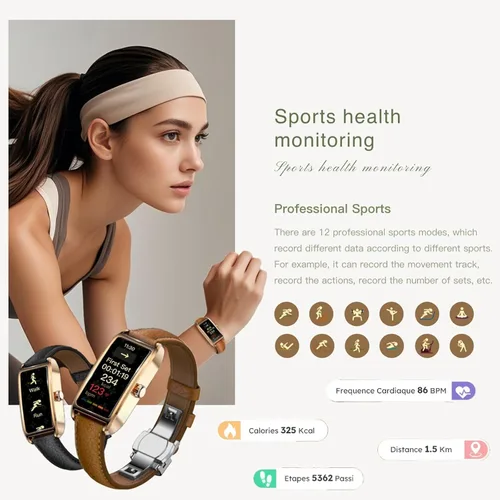 Vista 4 de Amoled Laies - Reloj inteligente para mujer, reloj inteligente con correa de piel, monitor de ritmo cardíaco, estrés, sueño, 12 modos deportivos