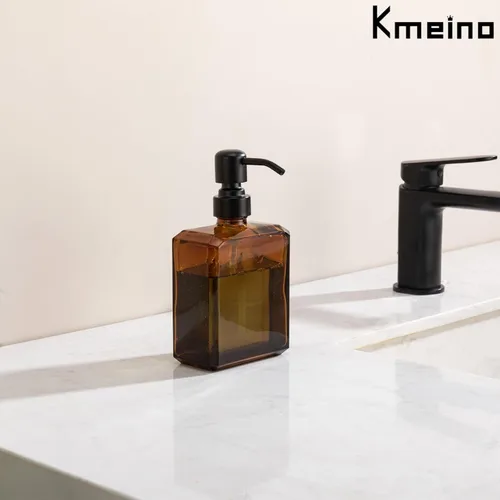 Vista 6 de Dispensador de jabón de vidrio ámbar rectangular, bomba negra, 13.5 Botella ámbar con bomba negra