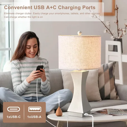Vista 3 de Juego de 2 lámparas de mesa modernas de 62,2 cm, lámparas de mesita de noche regulables de 3 vías con carga USB C y A, lámparas de noche
