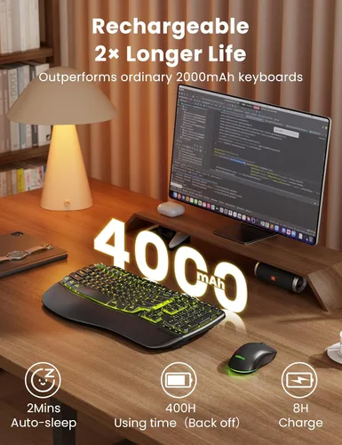 Vista 5 de Combo ergonómico de teclado y mouse inalámbricos, teclado retroiluminado recargable de 4000 mAh con un reposamanos suave de piel de cordero