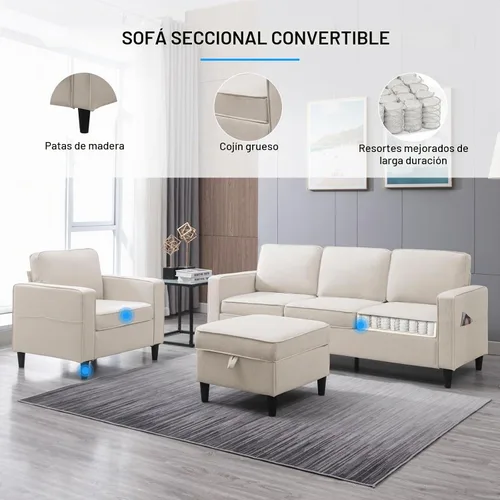 Vista 7 de PUREMIND Juego de sofá de 2 piezas, moderno juego de sofá y silla en forma de L de lino con otomana de almacenamiento y bolsillo lateral, sofás