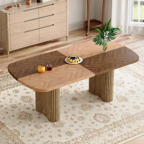 Vista 5 de Mesa de comedor extra larga de 78.7 pulgadas para 6-10 personas, mesa de cocina moderna con bases estriadas, mesa de comedor rectangular de granja