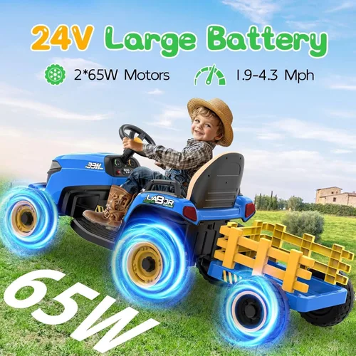 Vista 2 de ANPABO Tractor de paseo de 24 V con remolque inclinable y desmontable, neumáticos EVA, hasta 4.3 Mph, juguetes para montar con control remoto Azul