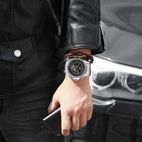 Vista 2 de Gute Reloj mecánico automático de acero inoxidable impermeable para hombre, reloj de pulsera de lujo de cara grande multifuncional Tourbillon