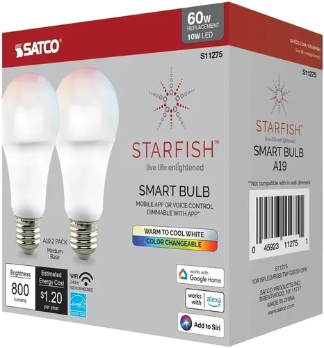 Vista 5 de Satco S11275 Starfish A19 Bombilla LED inteligente LED que cambia de color, funciona con Siri, Alexa, Google Assistant, SmartThings, 2700K-5000K