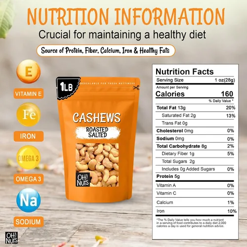 Vista 2 de Oh! Nuts Anacardos tostados salados – 1 libra – Anacardos tostados secos al horno – Empaquetados en bolsa de cierre de cremallera de Nueva York