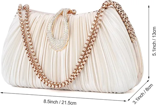 Vista 5 de FALETO Bolso de mano para mujer, de satén, plisado, de noche, bolso de mano de boda, con cadena, para baile de graduación, cóctel, fiesta