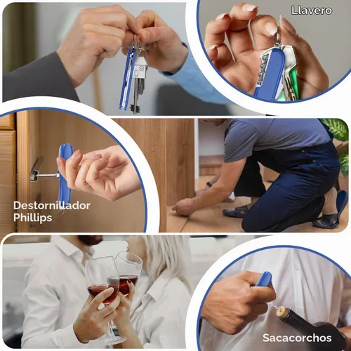 Vista 7 de Cuchillo de bolsillo pequeño 6 en 1 – Llavero multiherramienta – Cuchillo de bolsillo compacto para niños con abridor de botellas, abrelatas 1 azul