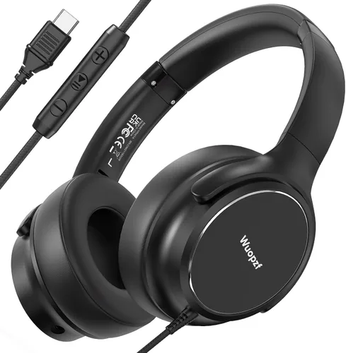 Vista 12 de Auriculares con cable USB C sobre la oreja con micrófono, control de volumen, puerto compartido y diadema ajustable, auriculares estéreo plegables