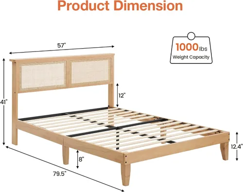 Vista 6 de coucheta Base de cama matrimonial de madera maciza de 12.4 pulgadas con cabecera de ratán natural, plataforma de tamaño matrimonial con luces LED