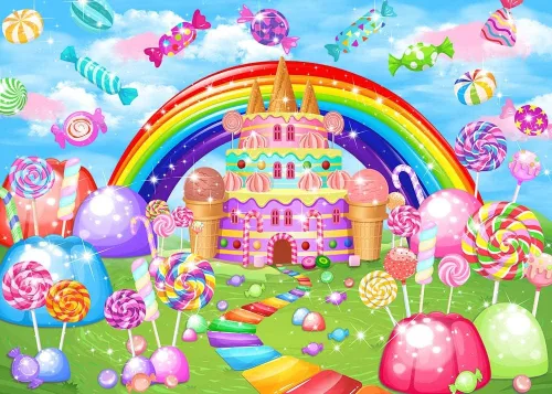 Vista 2 de Mocsicka Telón de fondo de dulce candyland con temática de caramelo dulce para decoración de fiesta de cumpleaños para niñas, caramelos, castillo